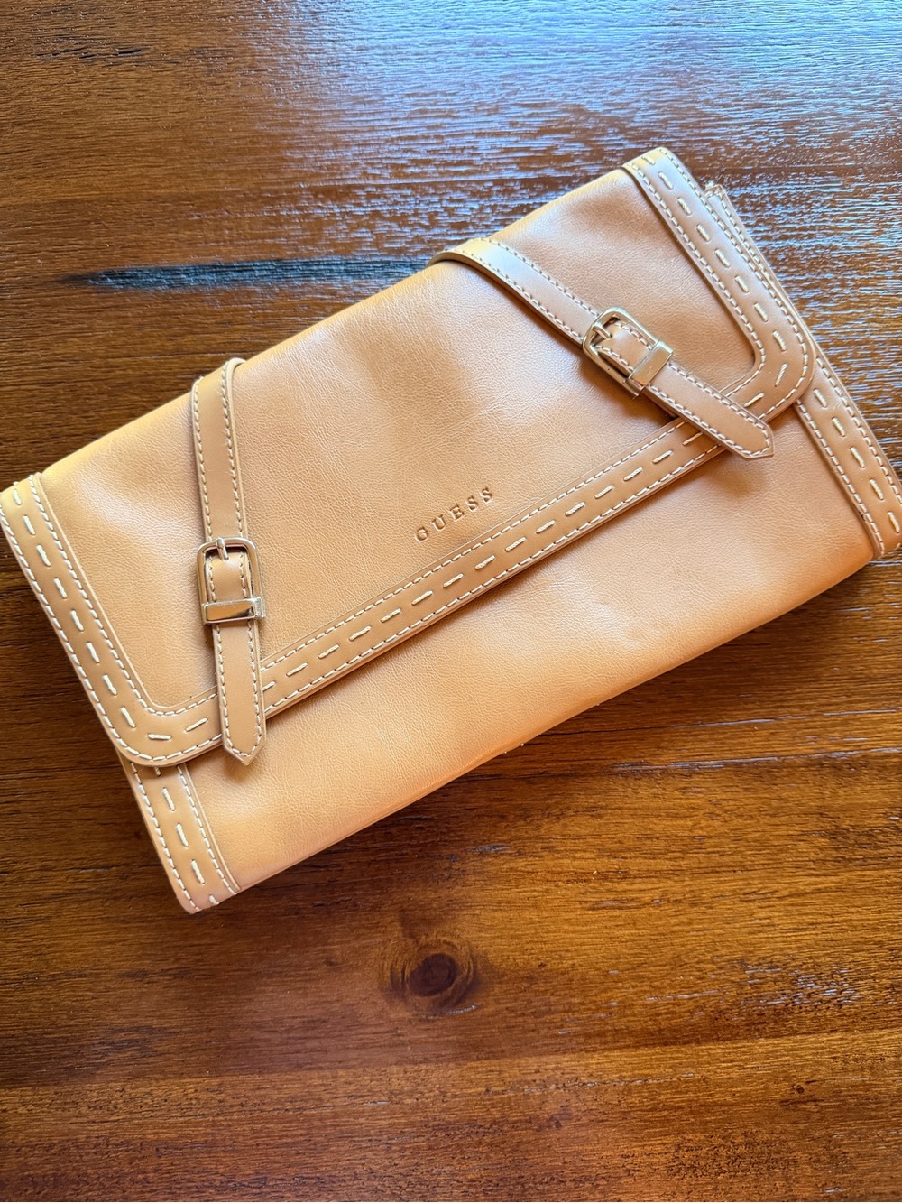 GUESS Vintage Tan Leather Clutch - Sleek Buckle Detail
